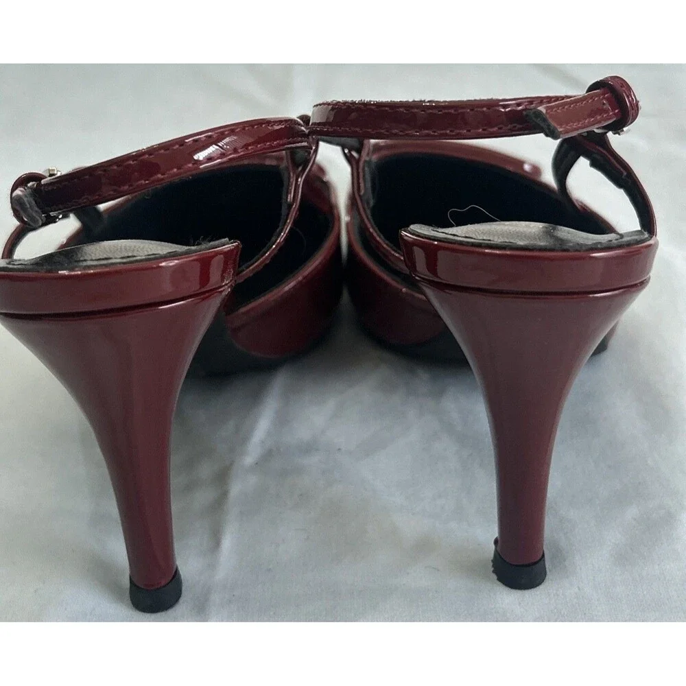 Cherry Red Patent Leather, Pointed Toe, V-Logo Slingback Pumps Sz 38